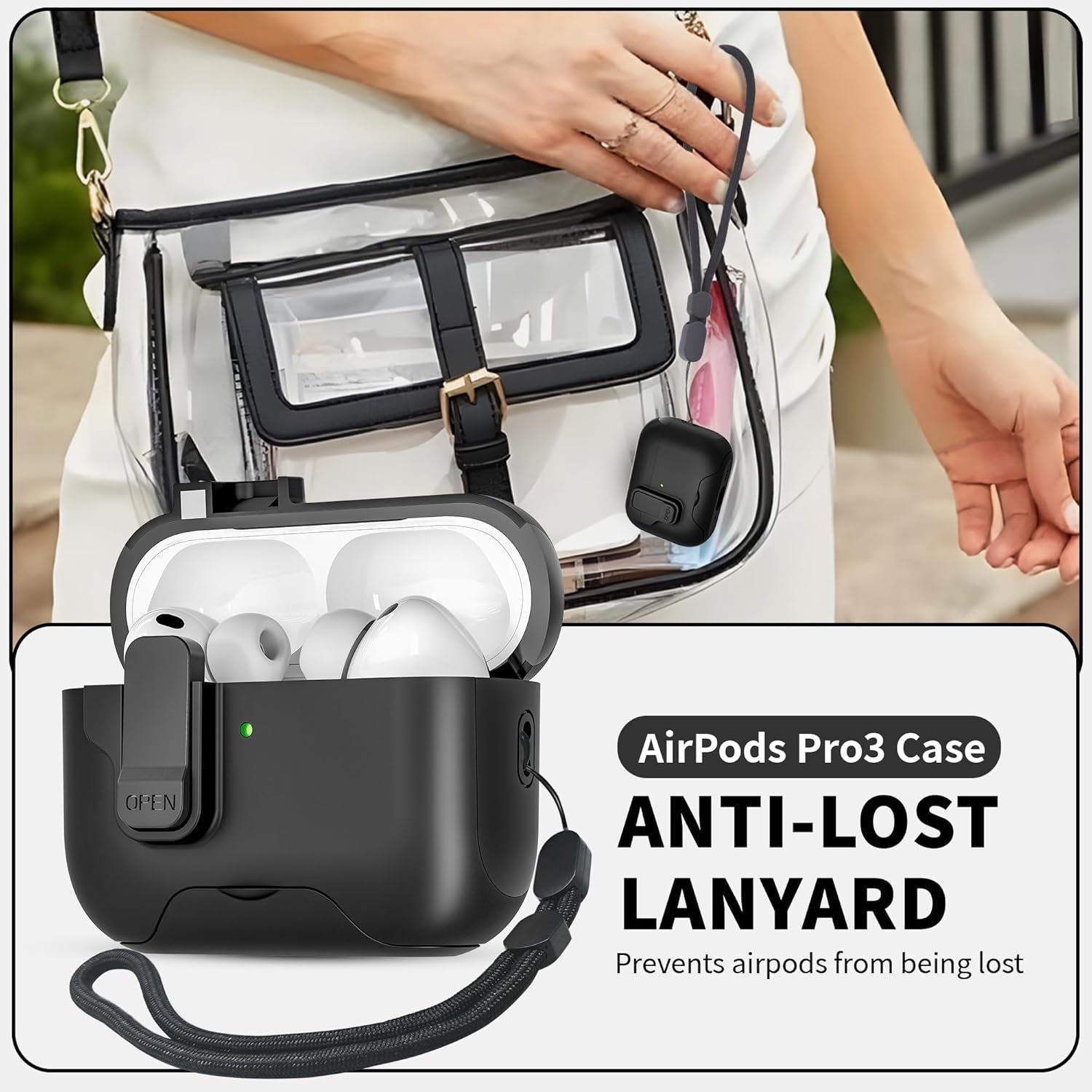 For Airpods Pro 3 Case(2025) with Secure Lock Clip, Automatic Pop-Up Full Drop Protective Hard Cover for Apple Airpod Pro 3Rd Generation with Lanyard & Cleaning Kit (Black-A)