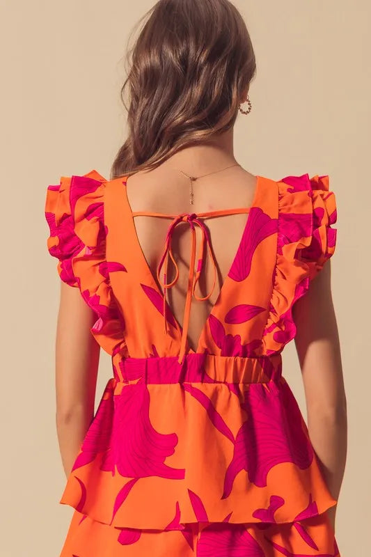 SO ME Floral V Neck Layered Dress with Elasticized Waist