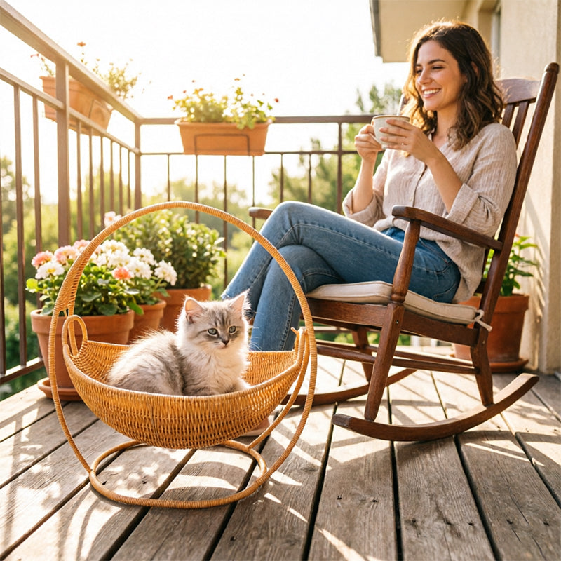 Rattan Cat Bed & House - Waterproof Wicker Cat Cave, Indoor Cat Hammock & Basket Set