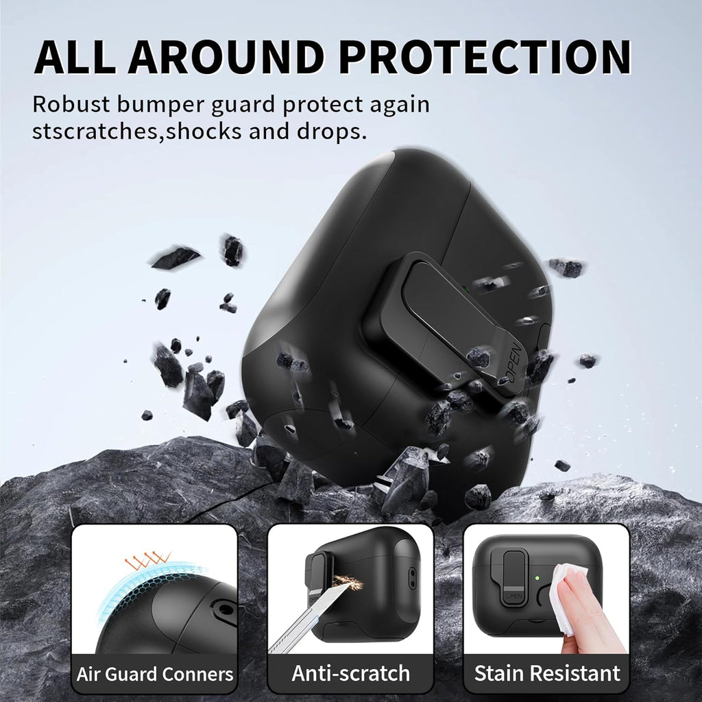 For Airpods Pro 3 Case(2025) with Secure Lock Clip, Automatic Pop-Up Full Drop Protective Hard Cover for Apple Airpod Pro 3Rd Generation with Lanyard & Cleaning Kit (Black-A)