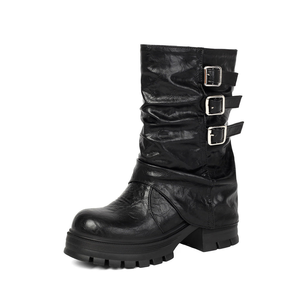 Autumn and winter thick soled high-heeled low cut women's boots with punk style leg cuffs and boots