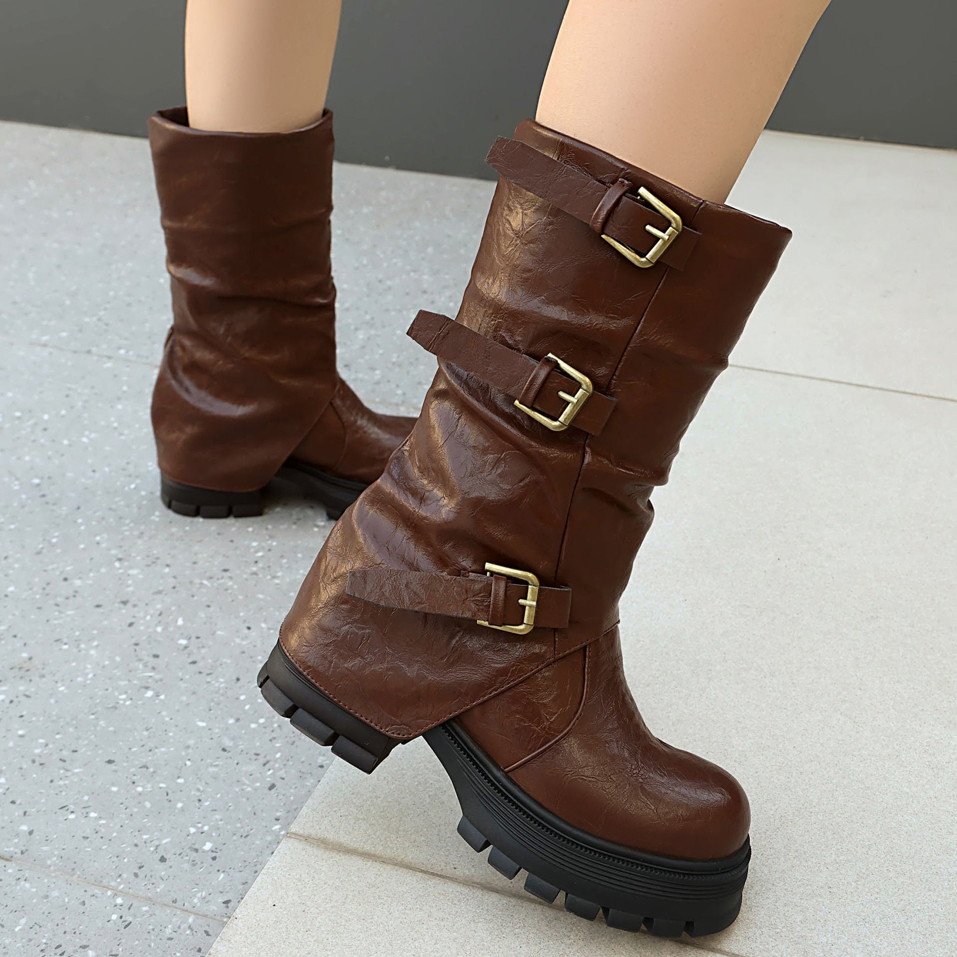 Thick Heel High Heel Women's Short Boots with Belt Buckle Slip-On Tube Boots