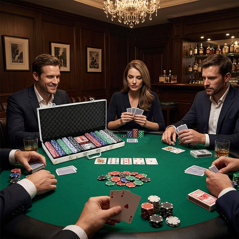 500 PCS Poker Chip Set in Locking Aluminum Briefcase - Texas Hold'em Gambling Kit with Dice, Dealer Button & Cards
