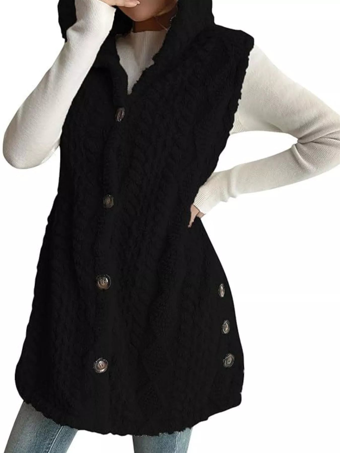 Button-Down Sherpa Hooded Vest Coat