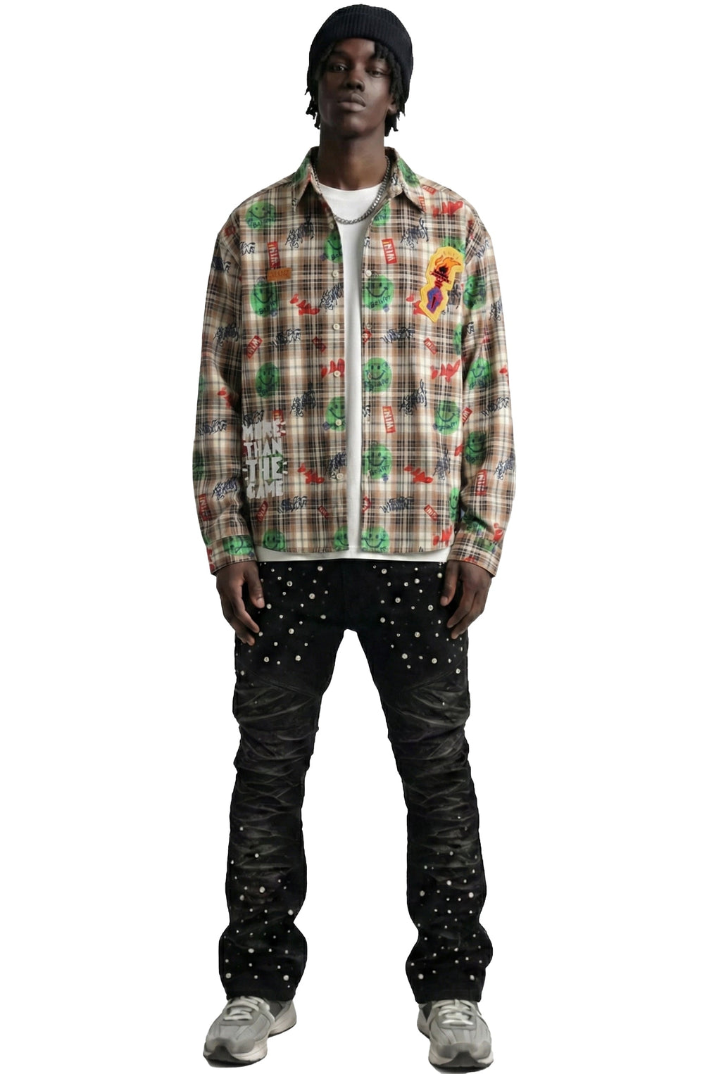 Monarch L.T.K. Men's premium Long Sleeve Plaid button down shirt with hand sketch drawing pop art