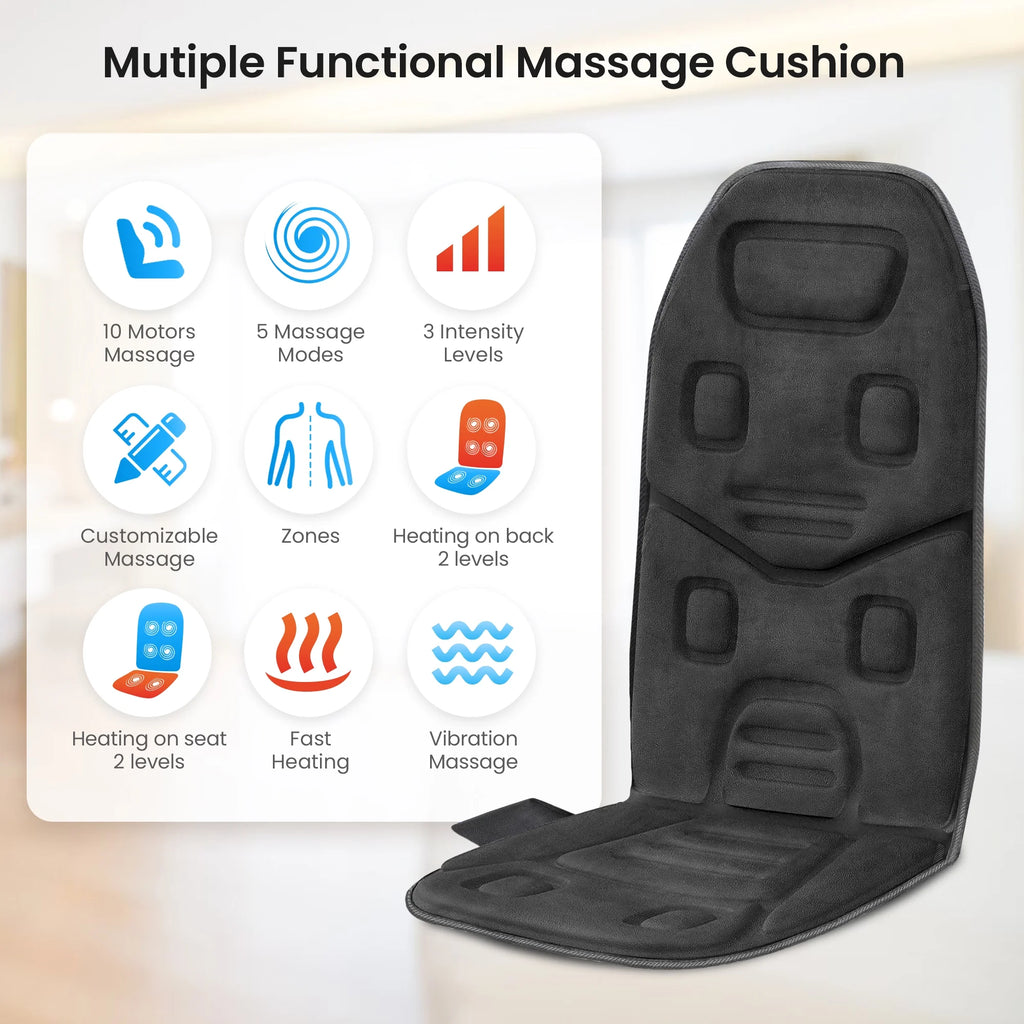 10 Motors Massage Seat Cushion with 3 Level Heating Pad, Vibration Back Massager Chair Pad for Home Office