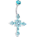 Sterling Silver 925 Aqua Cubic Zirconia CROSS Belly Ring