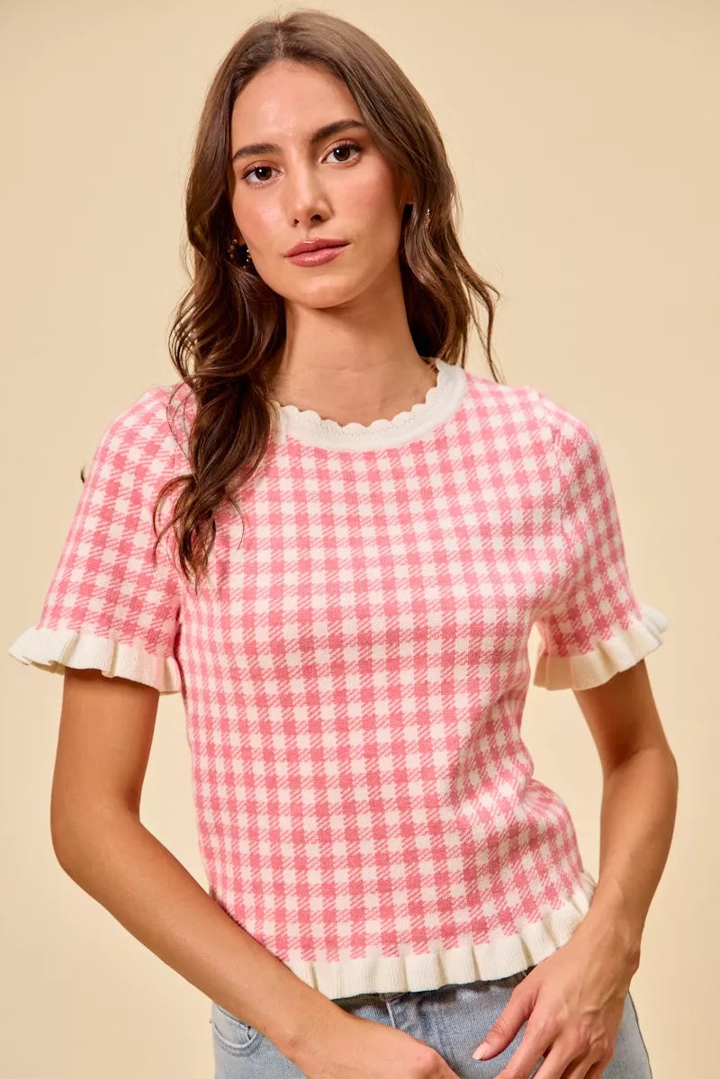 SO ME Gingham Knit Ruffled Short Sleeves Sweater Top