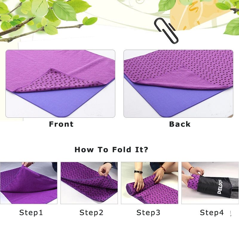How to fold a non slip yoga mat towel with step-by-step visuals showing front and back views for easy storage.