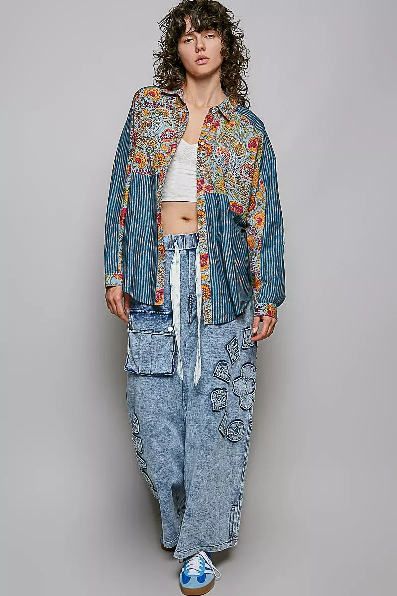 POL Patchwork Mixed Textured Paisley Floral Stripe Long Sleeve Shirt