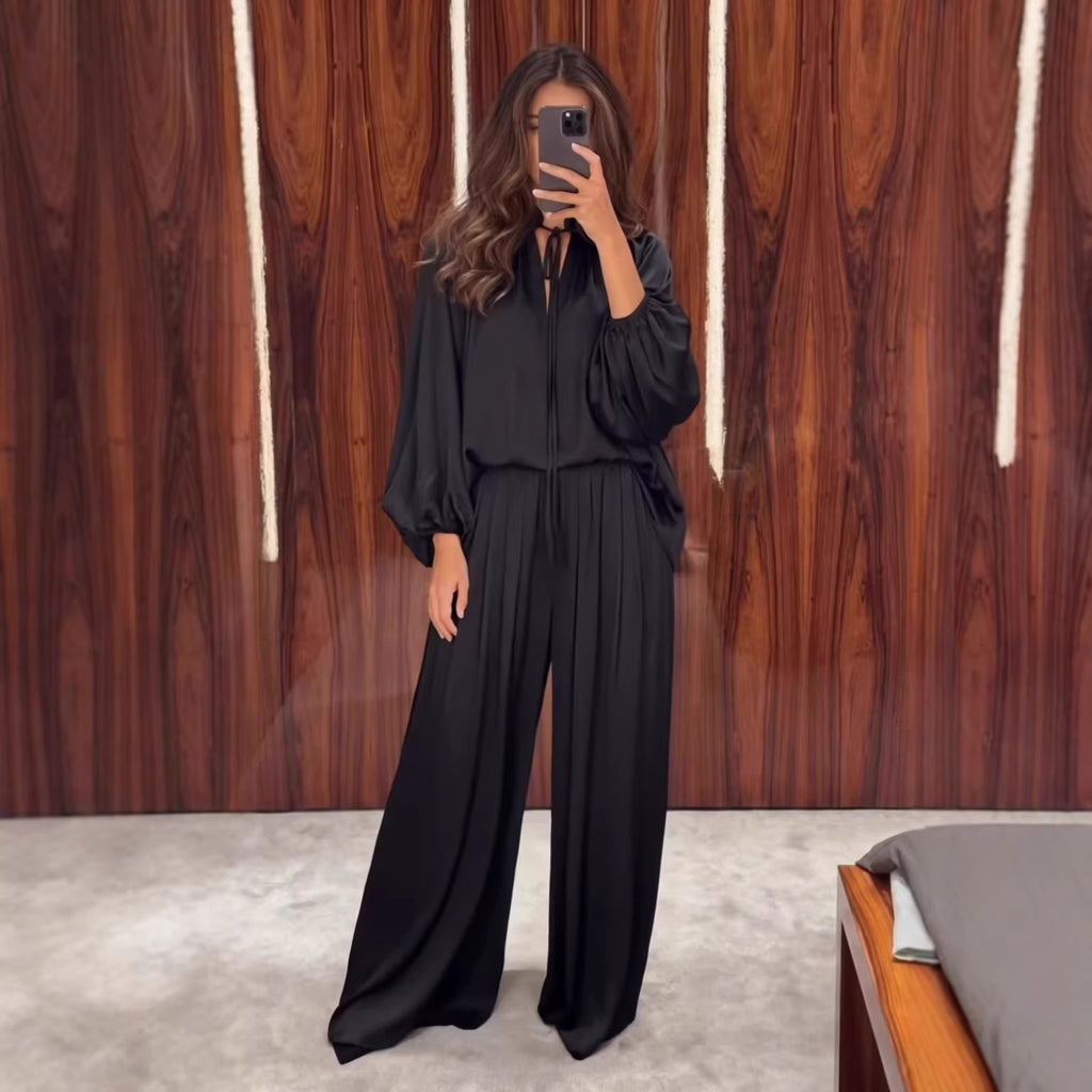 Solid color V-neck lace up loose pants set for women