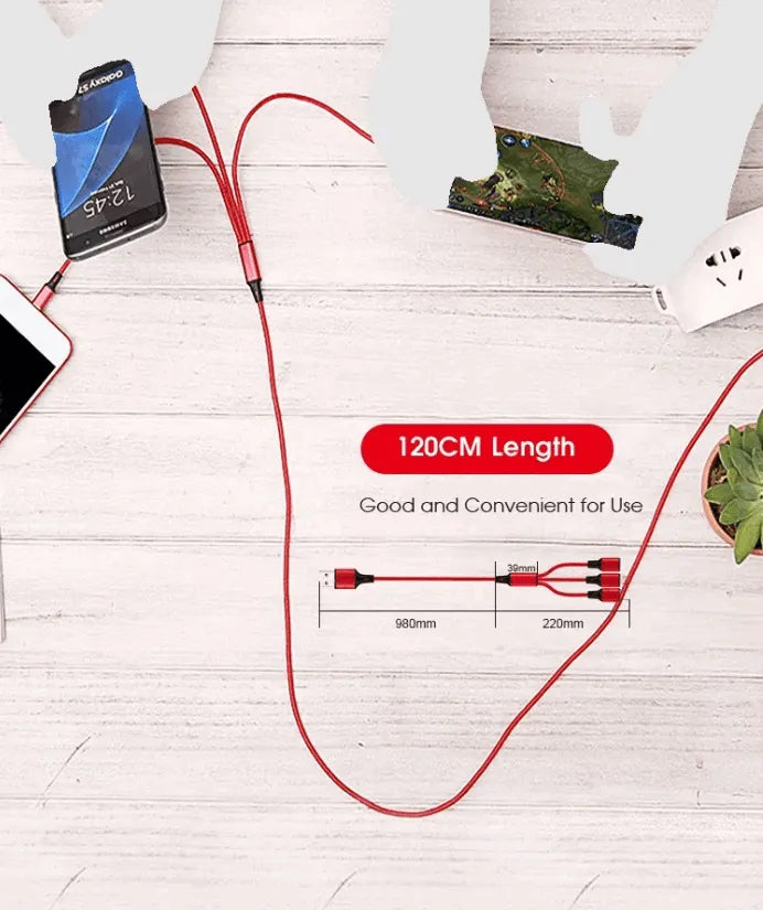 3 Port Fast LED Car Charger + 3 in 1 Cable Combo Black