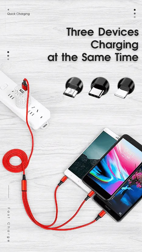 3 Port Fast LED Car Charger + 3 in 1 Cable Combo Black