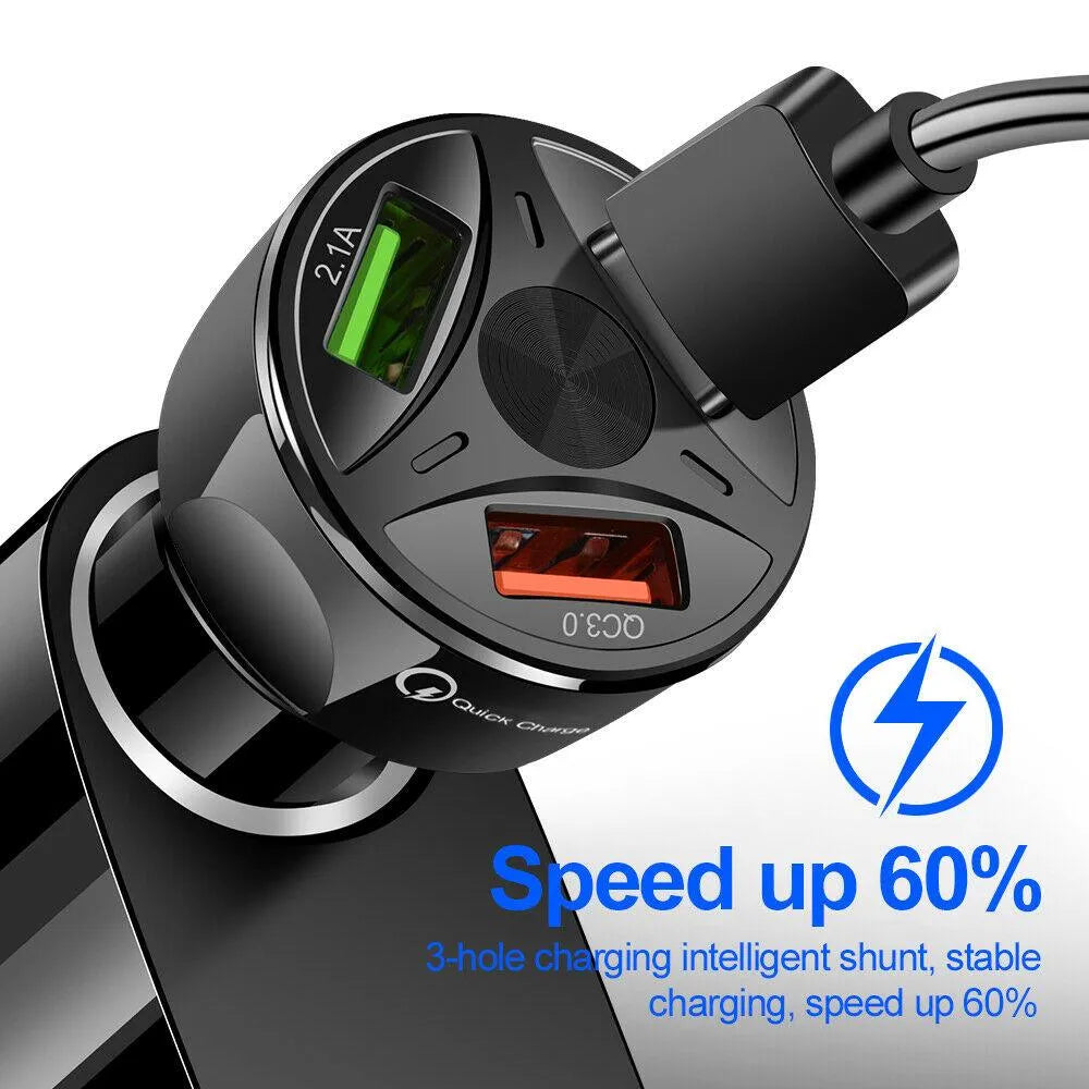 3 Port Fast LED Car Charger + 3 in 1 Cable Combo Black