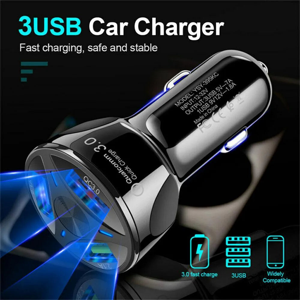 3 Port Fast LED Car Charger + 3 in 1 Cable Combo Black