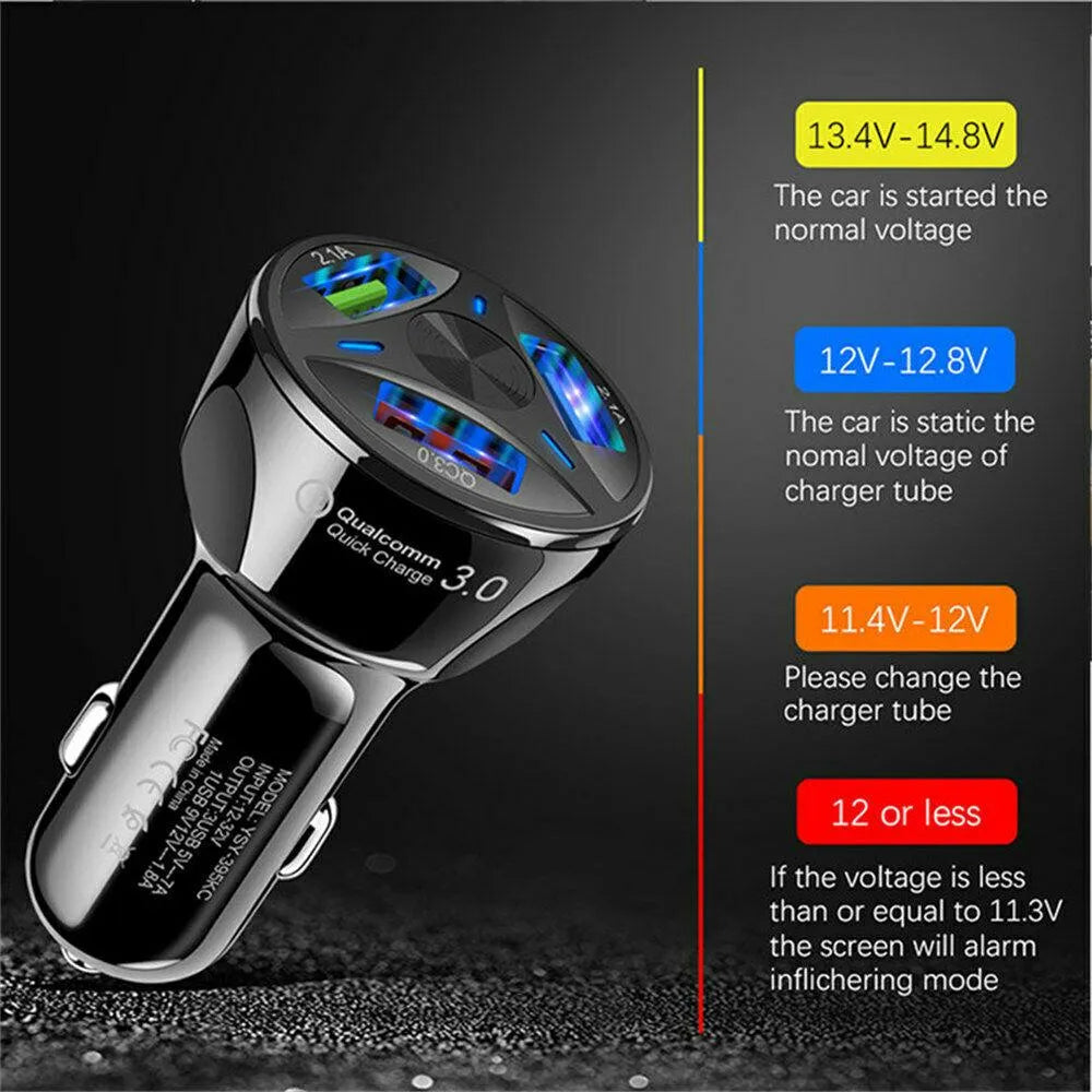 3 Port Fast LED Car Charger + 3 in 1 Cable Combo Black
