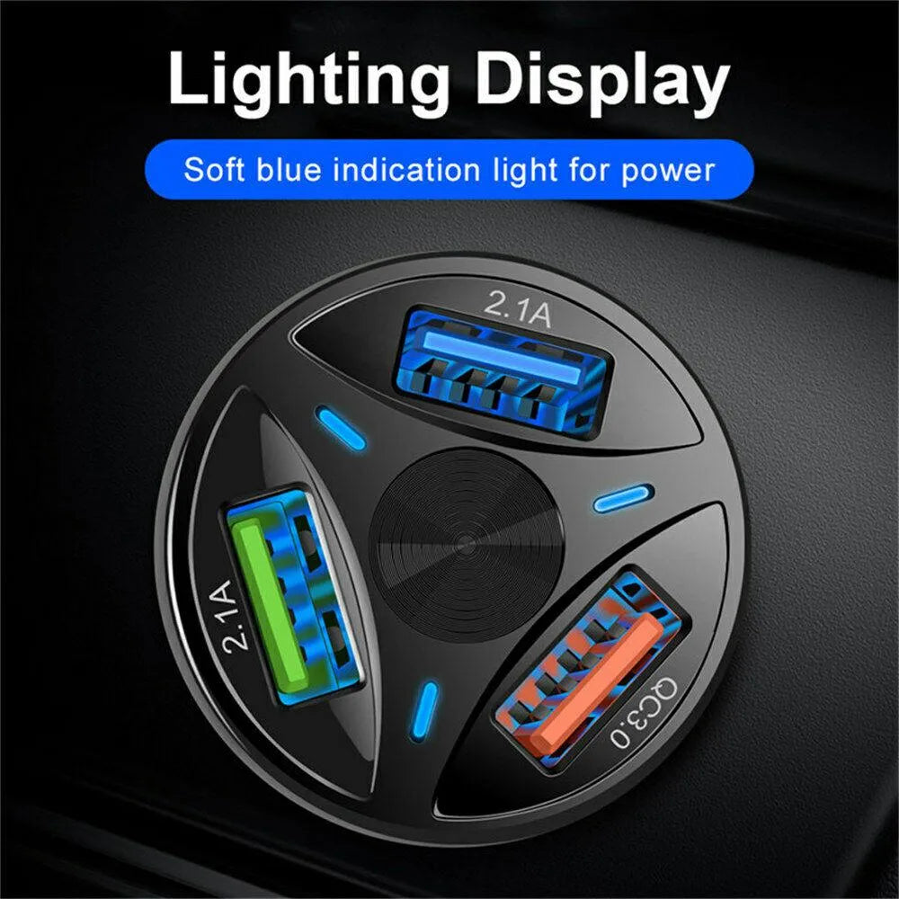 3 Port Fast LED Car Charger + 3 in 1 Cable Combo Red