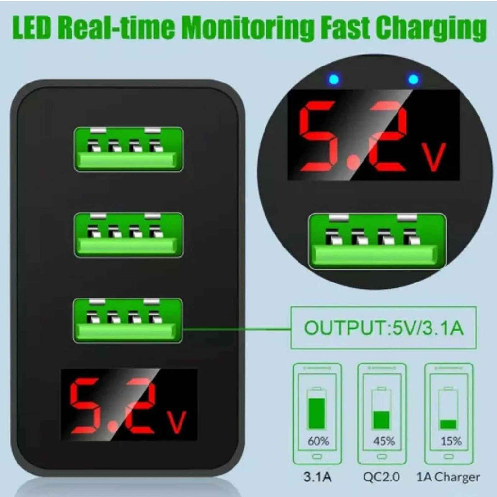 3 port LED Display High Speed Wall Charger White + 3 in 1 Cable Combo