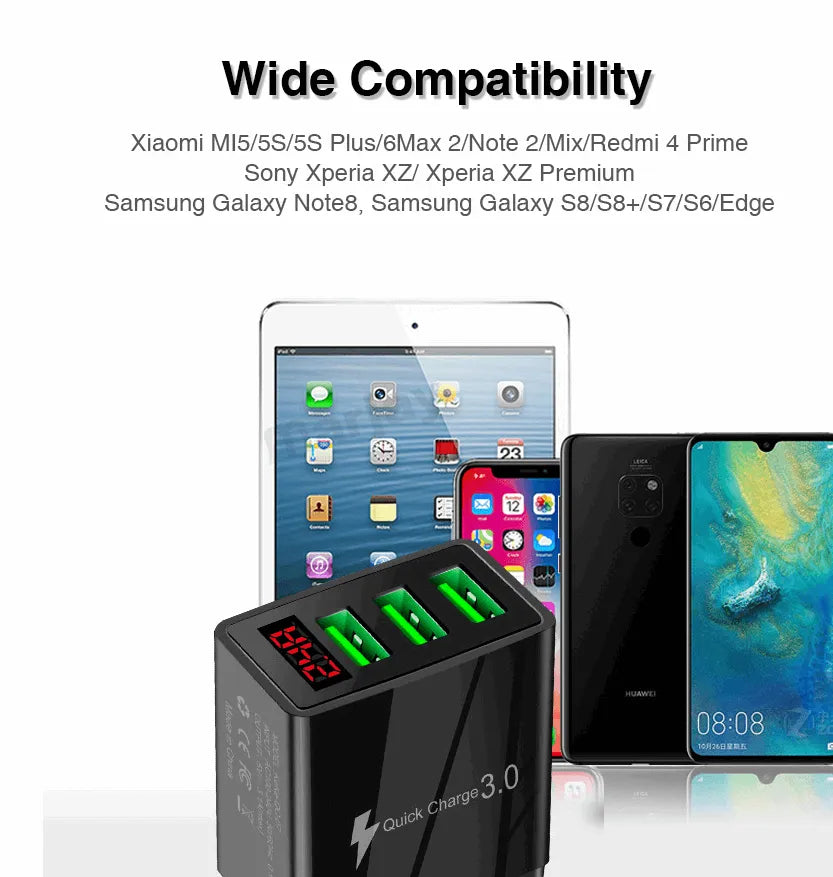 3 port LED Display Wall Charger  and 3 in 1 Cable Bundle Red