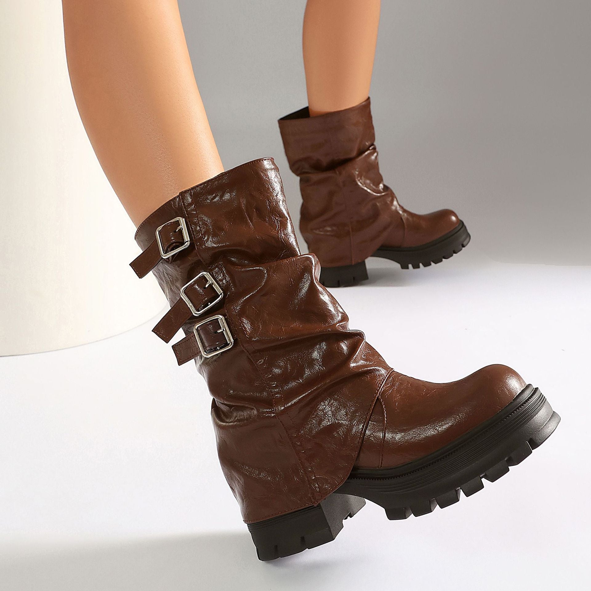 Autumn and winter thick soled high-heeled low cut women's boots with punk style leg cuffs and boots