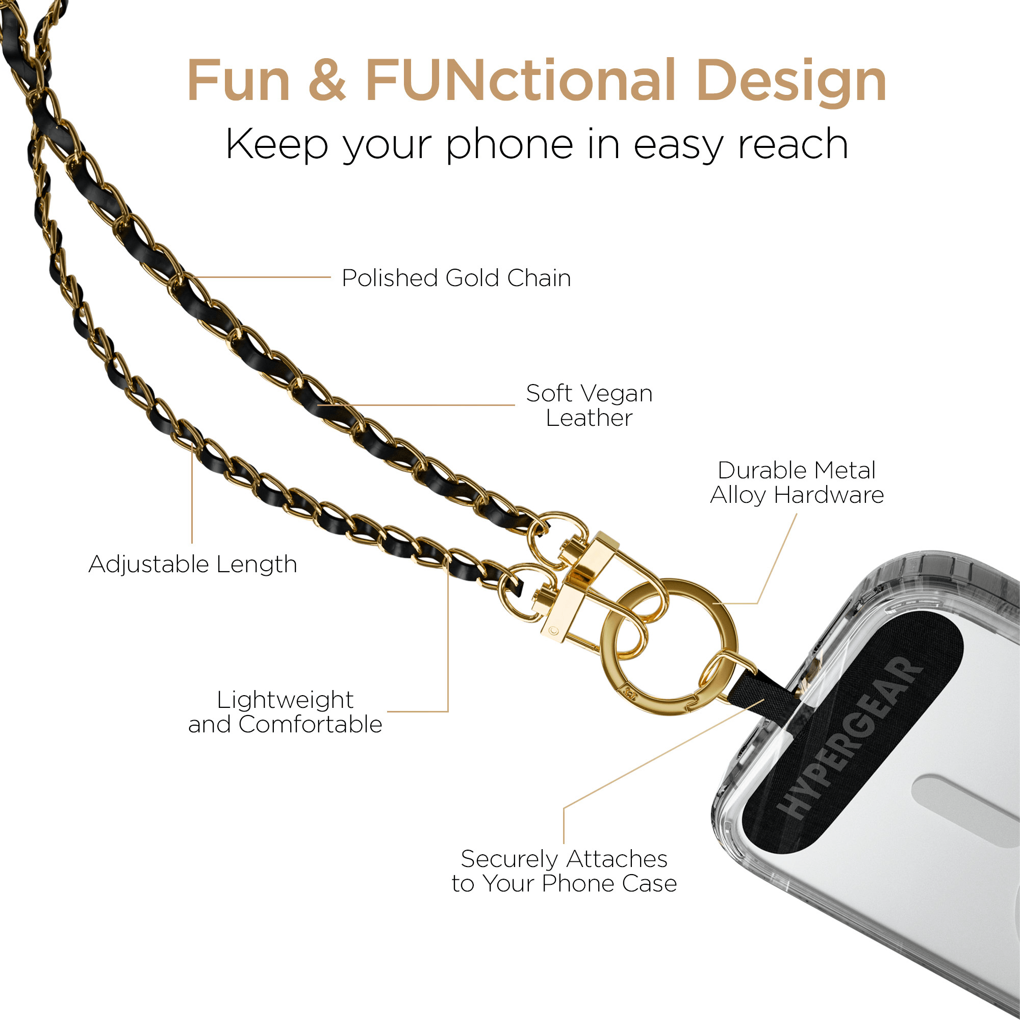 HyperGear TECHcessories Gold Chain with Black Vegan Leather Universal Crossbody Phone Strap