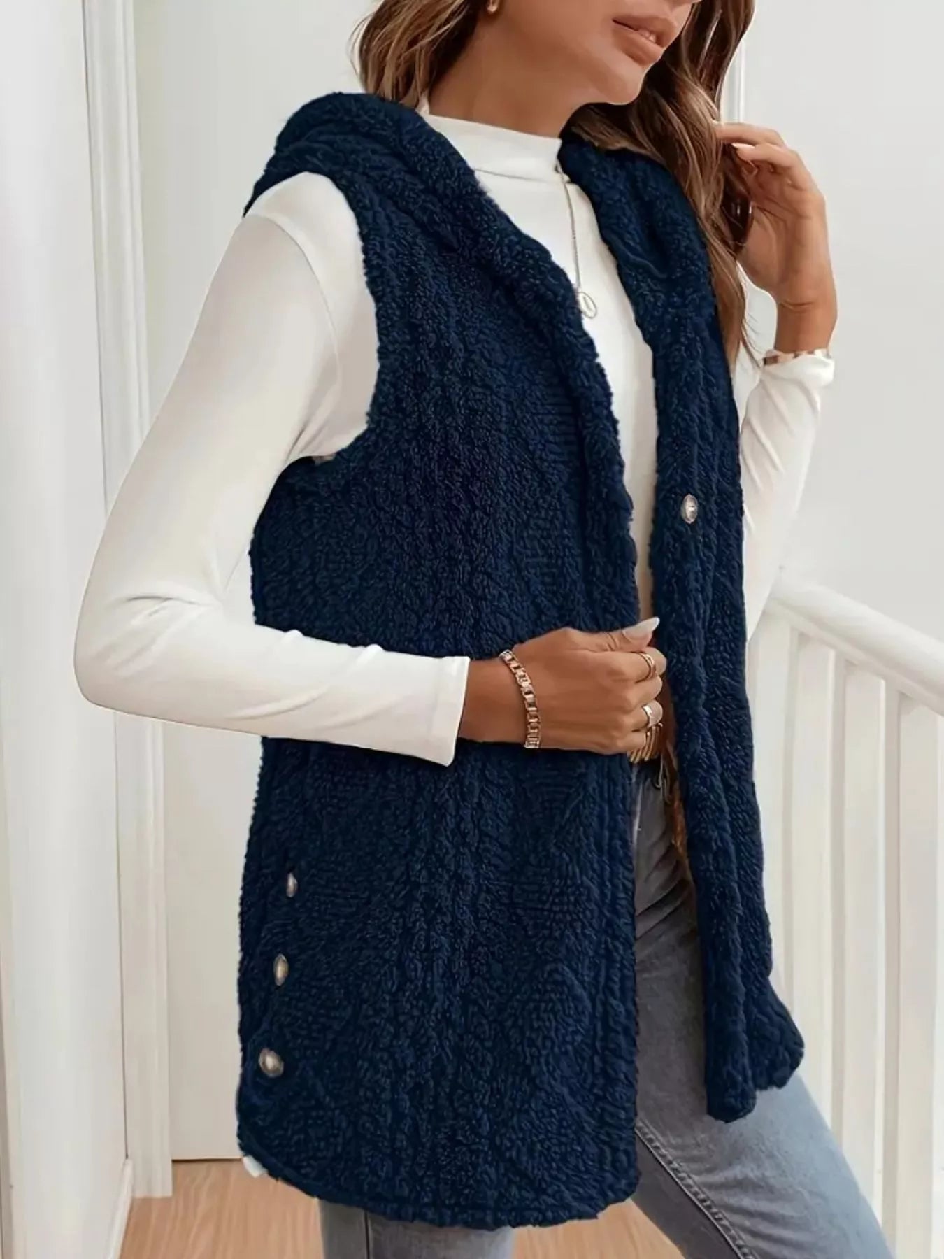 Button-Down Sherpa Hooded Vest Coat
