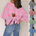 Round neck striped back tie bow pullover top