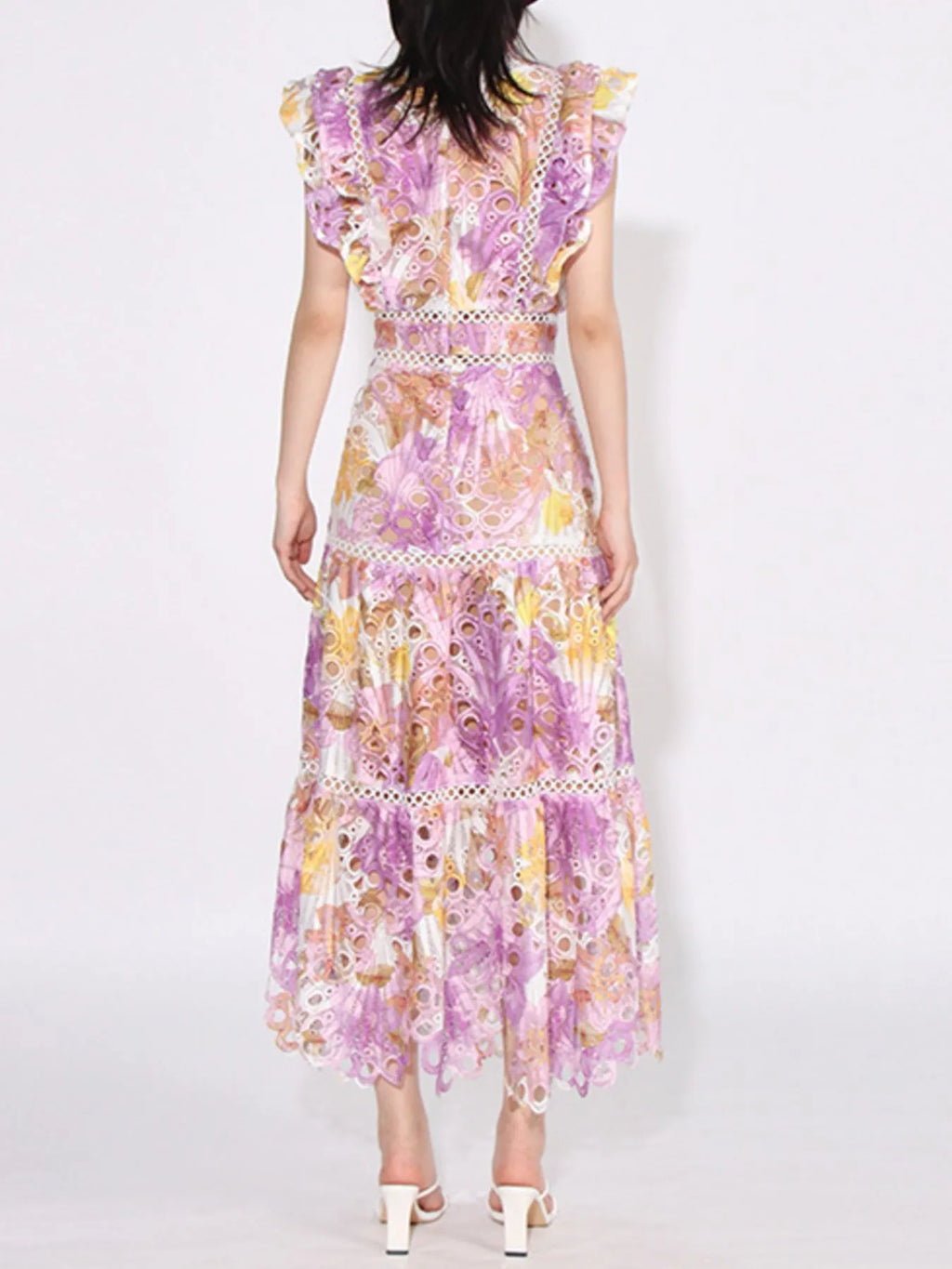 Ruffled Hollow Out Tiered Midi Dress