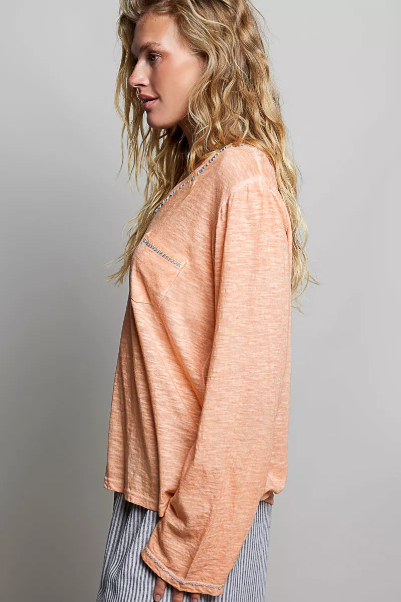 POL Contrast Stitch V-Neck Lightweight Knit Long Sleeve Top