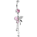 Pink Gem Paved Wing Butterfly Chain Drop Belly Ring