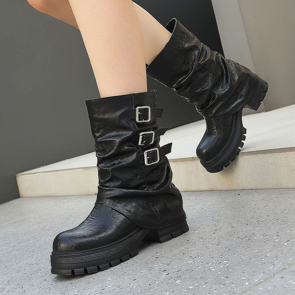 Autumn and winter thick soled high-heeled low cut women's boots with punk style leg cuffs and boots
