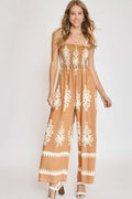 Umgee Full Size Smocked Printed Wide Leg Jumpsuit Plus Size