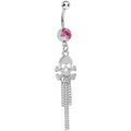 Pink Gem Rattling Chains Skull and Bones Dangle Belly Ring