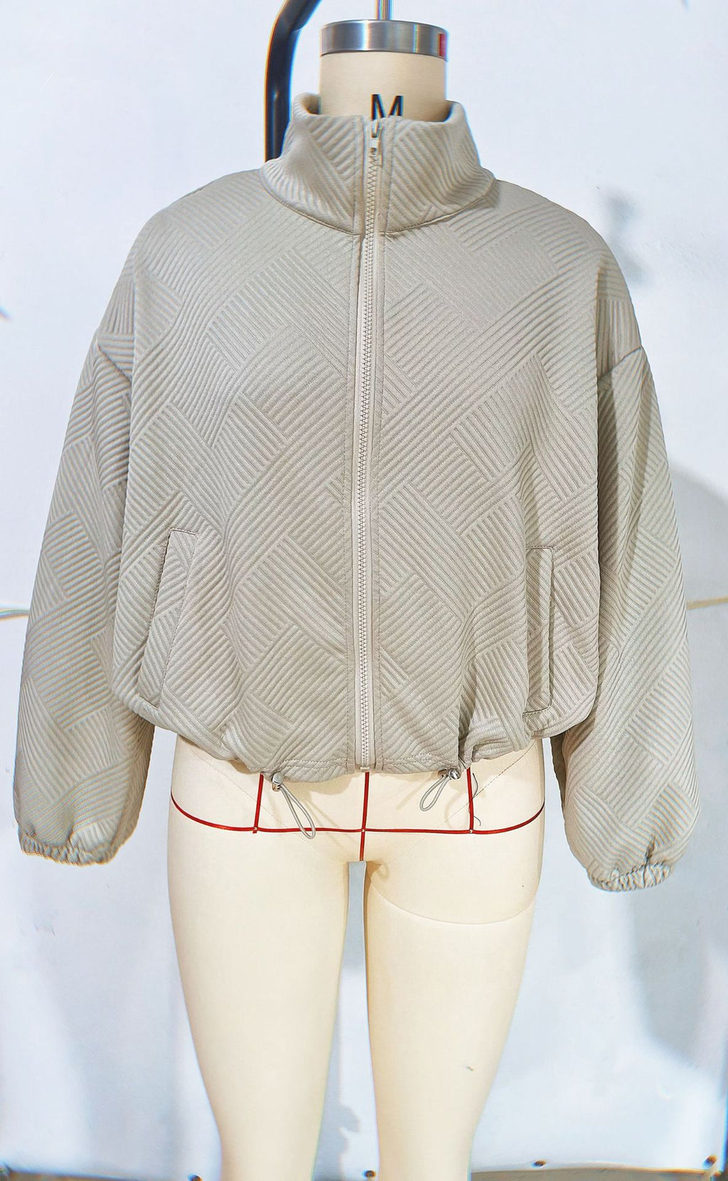 High neck zipper hem drawstring pocket women's loose jacket