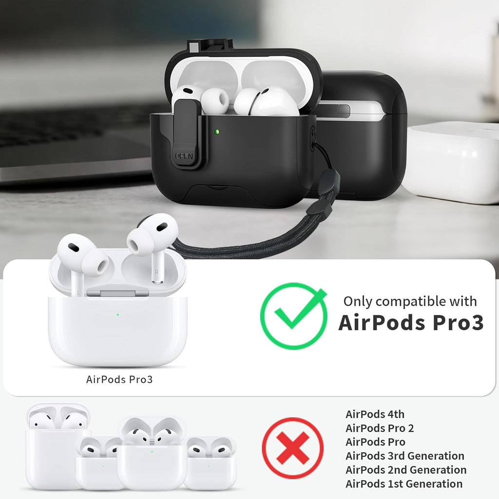 For Airpods Pro 3 Case(2025) with Secure Lock Clip, Automatic Pop-Up Full Drop Protective Hard Cover for Apple Airpod Pro 3Rd Generation with Lanyard & Cleaning Kit (Black-A)