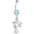 Aqua CZ Turtle with Clover Dangle Belly Ring