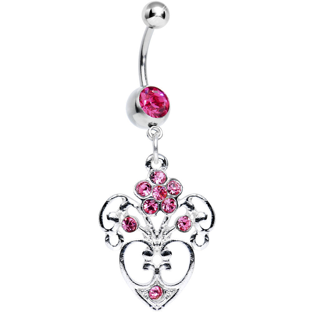 Pink Gem Flowering Heart Dangle Belly Ring