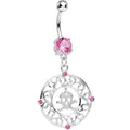 Pink CZ Fancy Framed Skull and Crossbones Dangle Belly Ring