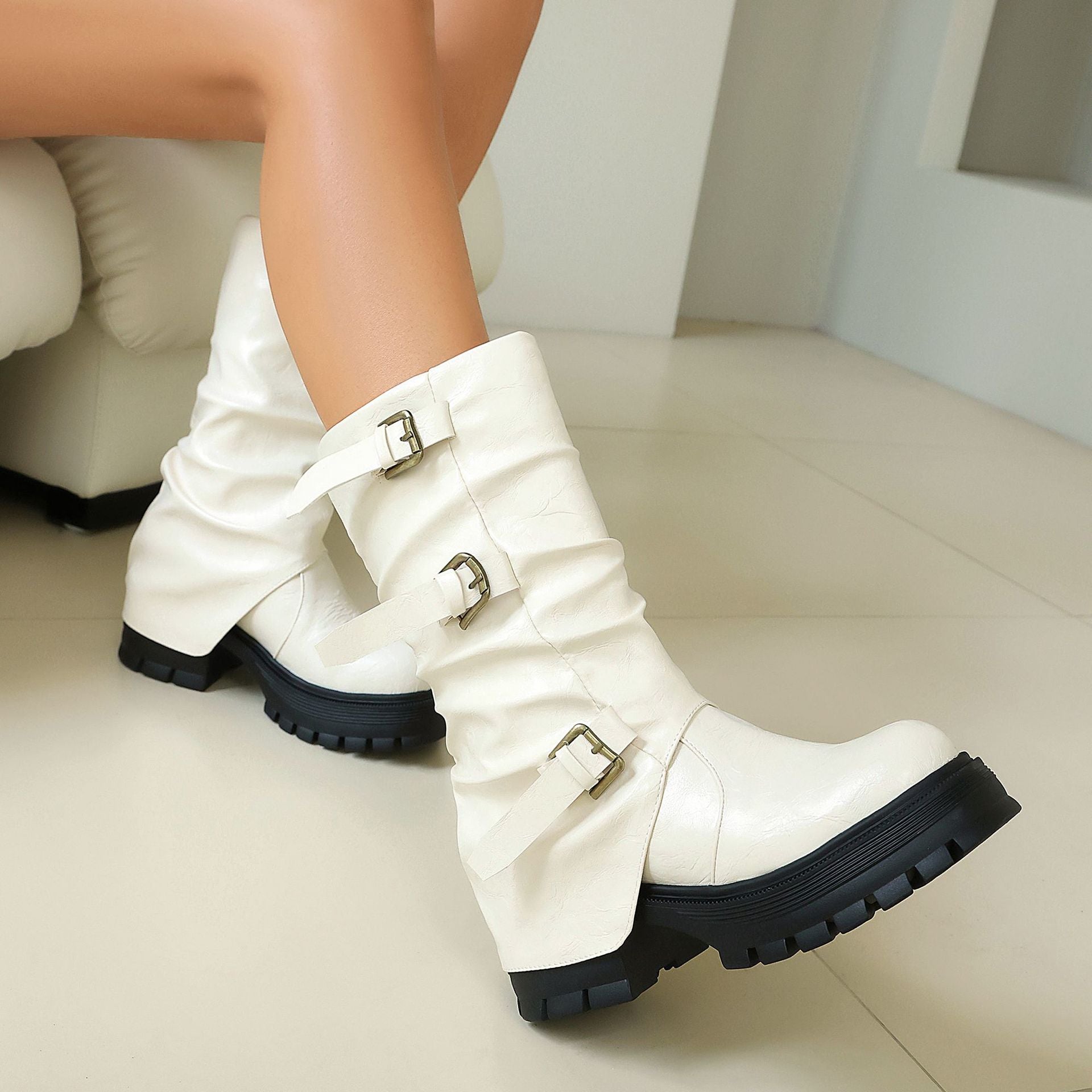 Thick Heel High Heel Women's Short Boots with Belt Buckle Slip-On Tube Boots