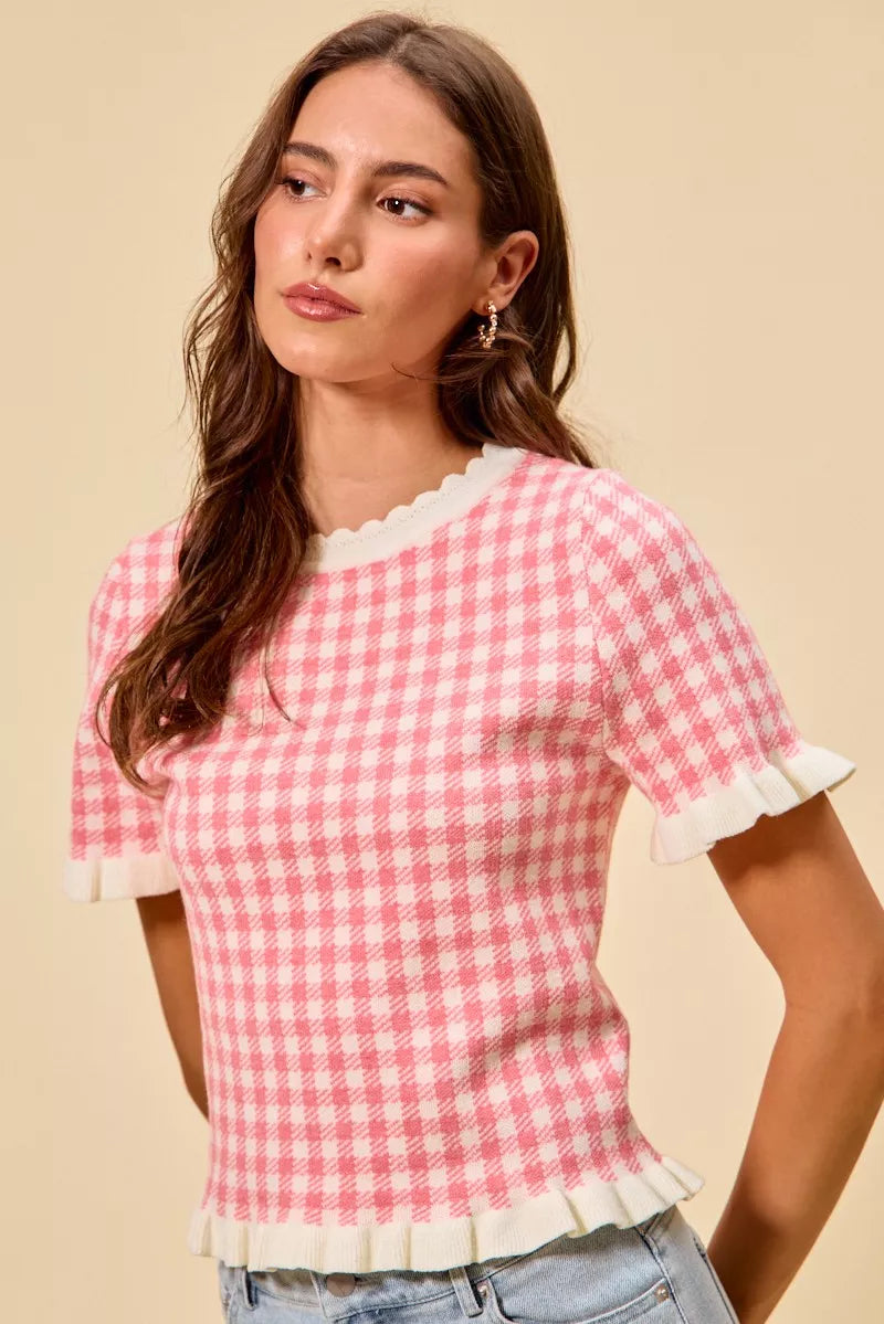 SO ME Gingham Knit Ruffled Short Sleeves Sweater Top