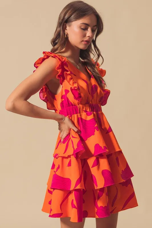 SO ME Floral V Neck Layered Dress with Elasticized Waist