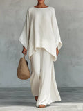 Full Size Round Neck Top and Wide Leg Pants Set Plus Size