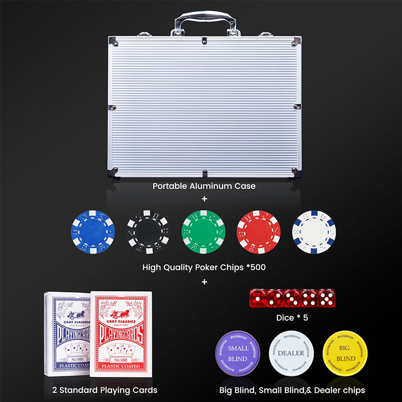 500 PCS Poker Chip Set in Locking Aluminum Briefcase - Texas Hold'em Gambling Kit with Dice, Dealer Button & Cards