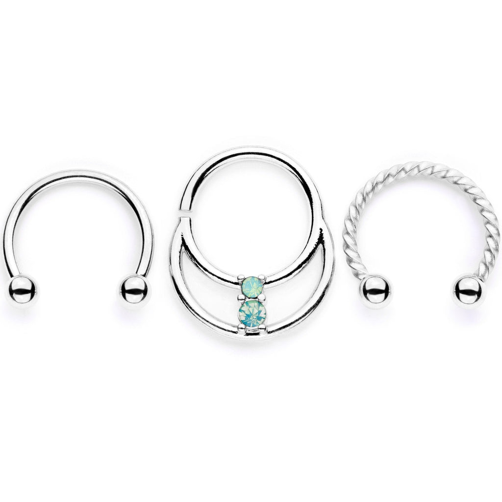 16G 3/8 Teal Faux Opal Twisted Horseshoe Closure Ring Set