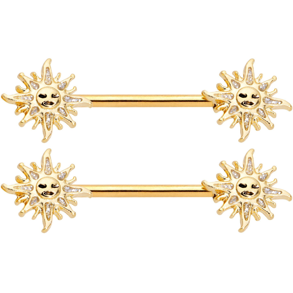 14G 9/16 Gold Tone Happy Sun Barbell Nipple Ring Set