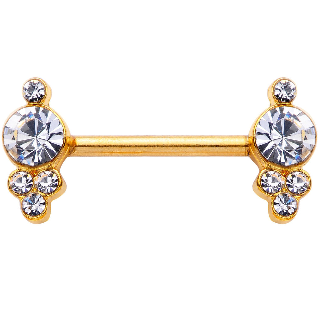 14G 9/16 Clear Gem Gold Tone Circles Barbell Nipple Ring Set