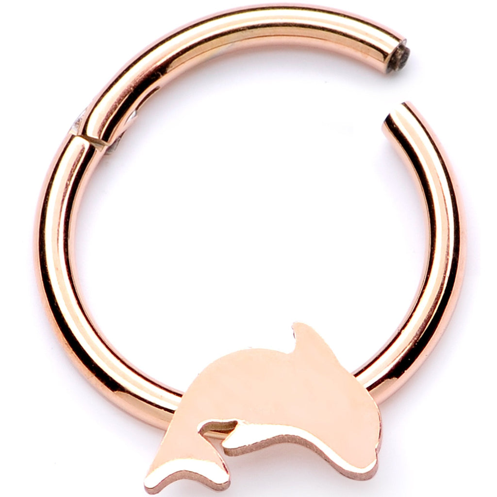 16G 3/8 Rose Gold Leaping Dolphin Hinged Segment Ring