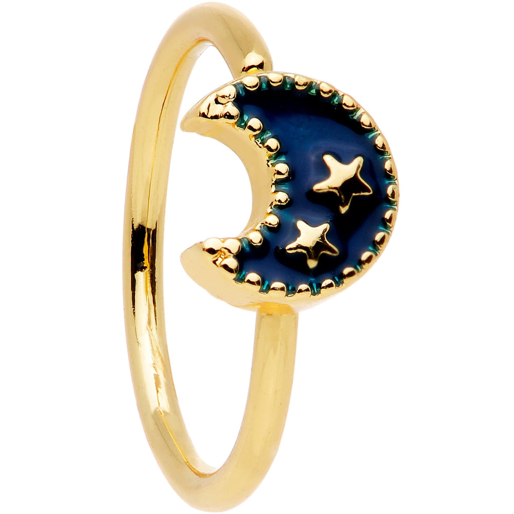 20G 5/16 Gold Tone Blue Crescent Moon and Stars Nose Hoop