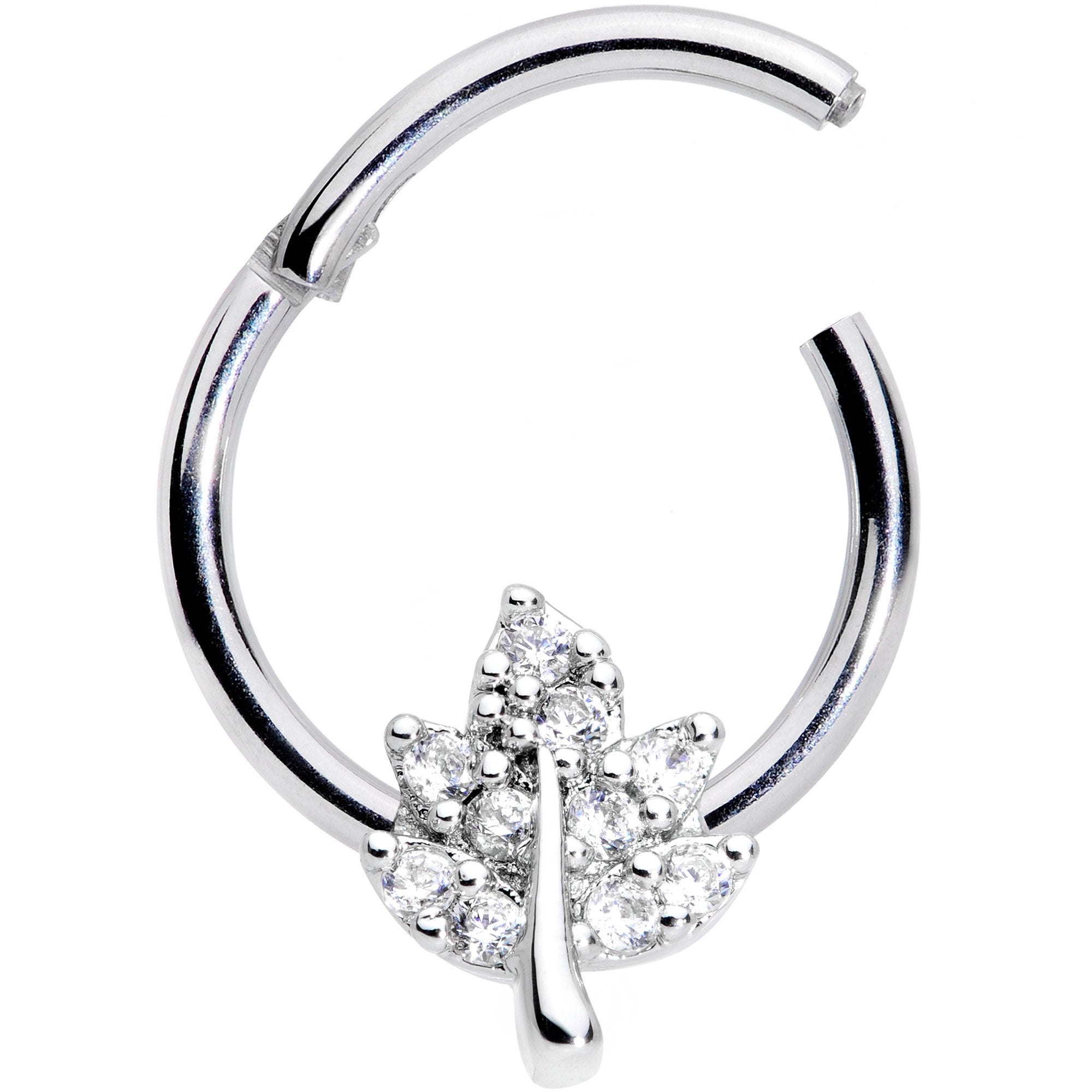 16G 3/8 Clear CZ Gem Maple Leaf Hinged Segment Ring