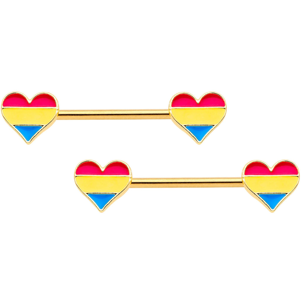 14G Pansexual Pride Gold Tone Heart Barbell Nipple Ring Set